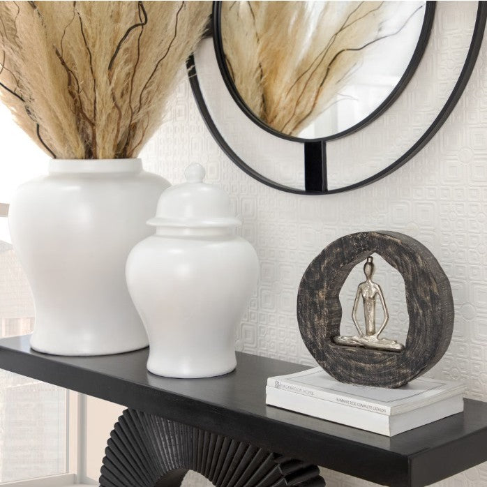 Silver Yoga Lady in Black Wood Circle DÃ©cor 11"W x 11"H