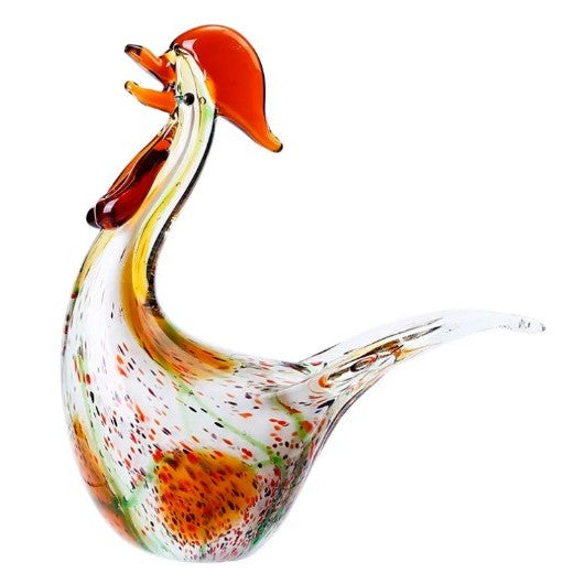 Tall White Multi-Colored Glass Chicken Figurine 9"W x 10"H