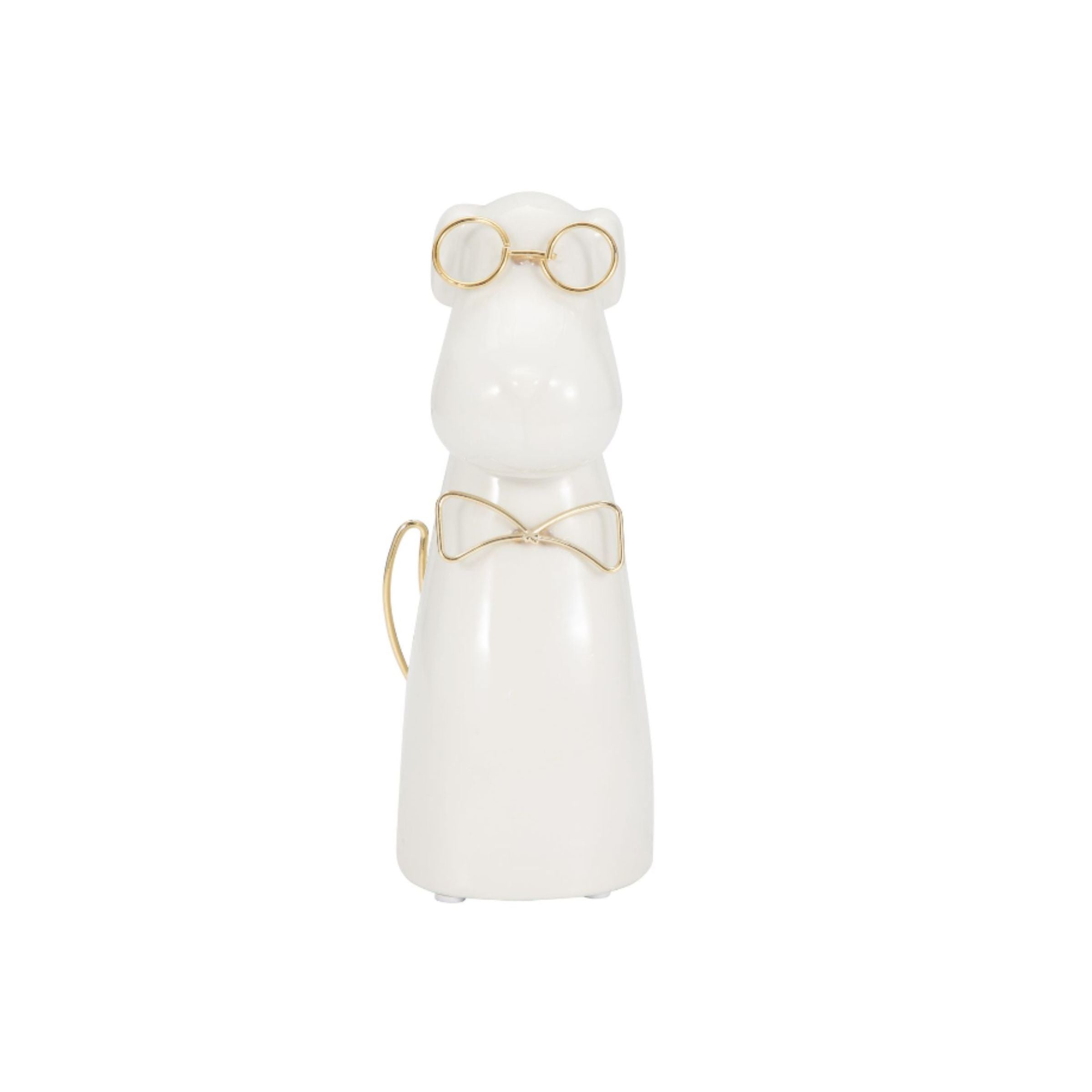 White dog figurine with gold glasses and bow tie on a plain background.