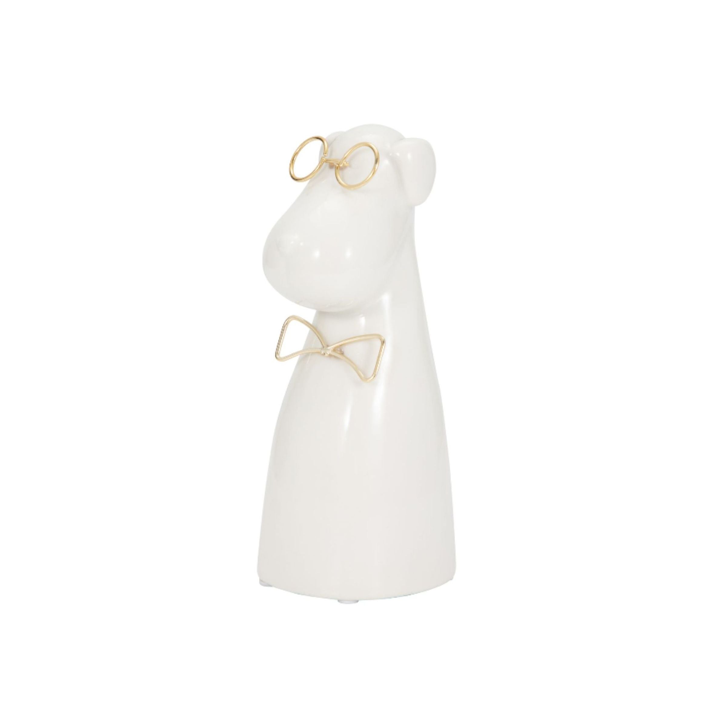 White dog-shaped figurine with gold glasses and a bow tie.