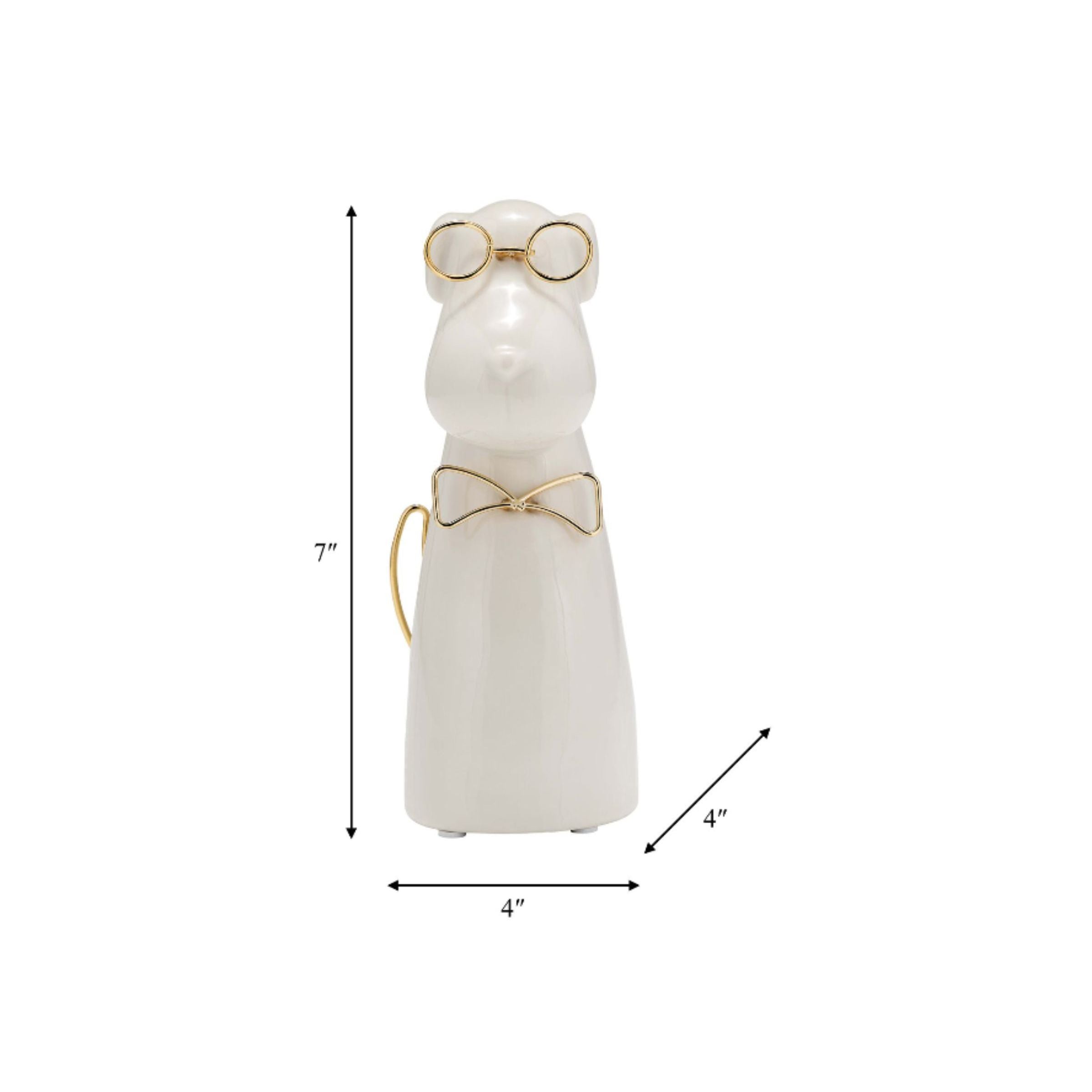 White ceramic animal figurine with gold glasses and bow, measuring 7 inches tall by 4 inches wide.