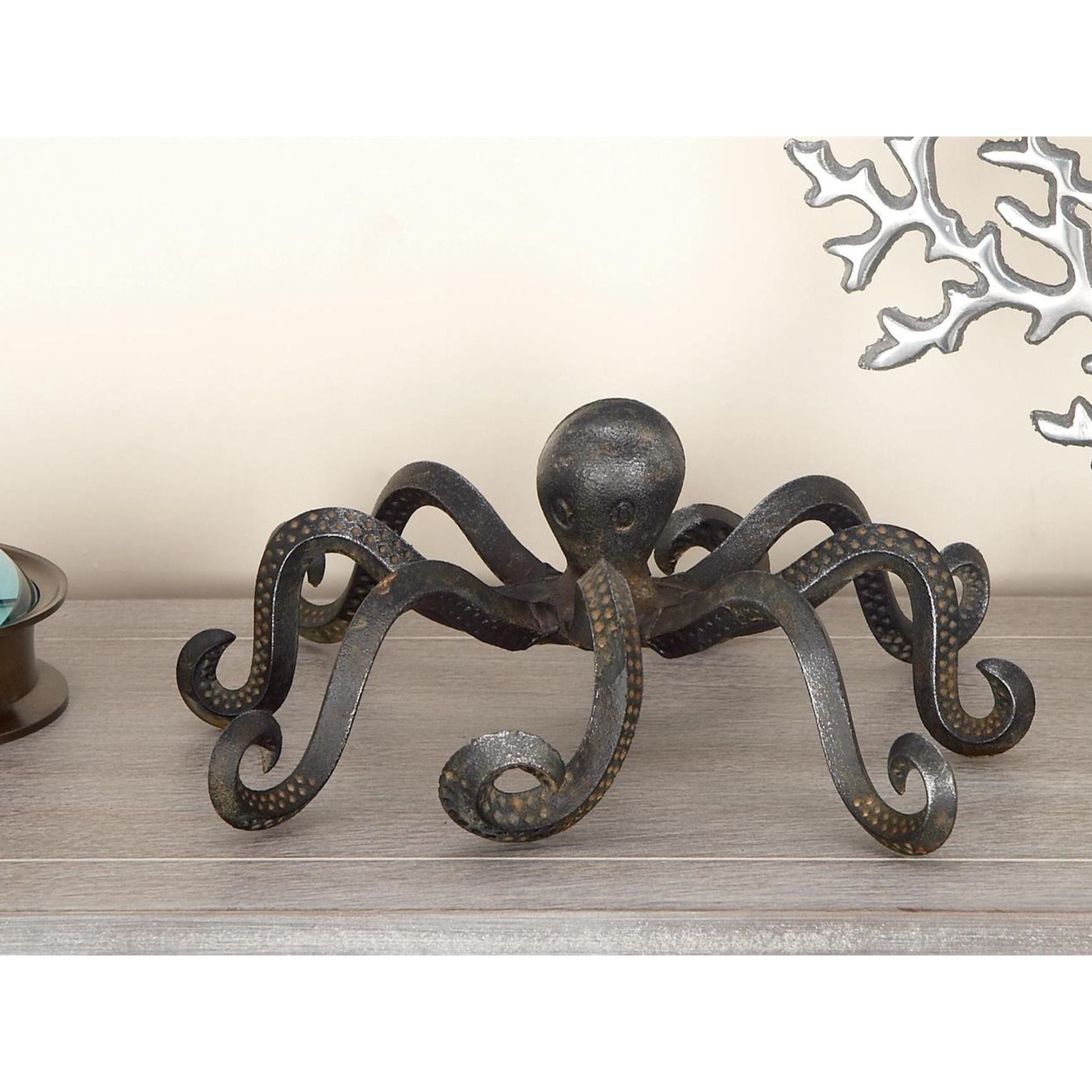 Bronze Metal Octopus Sculpture 12"W x 4"H