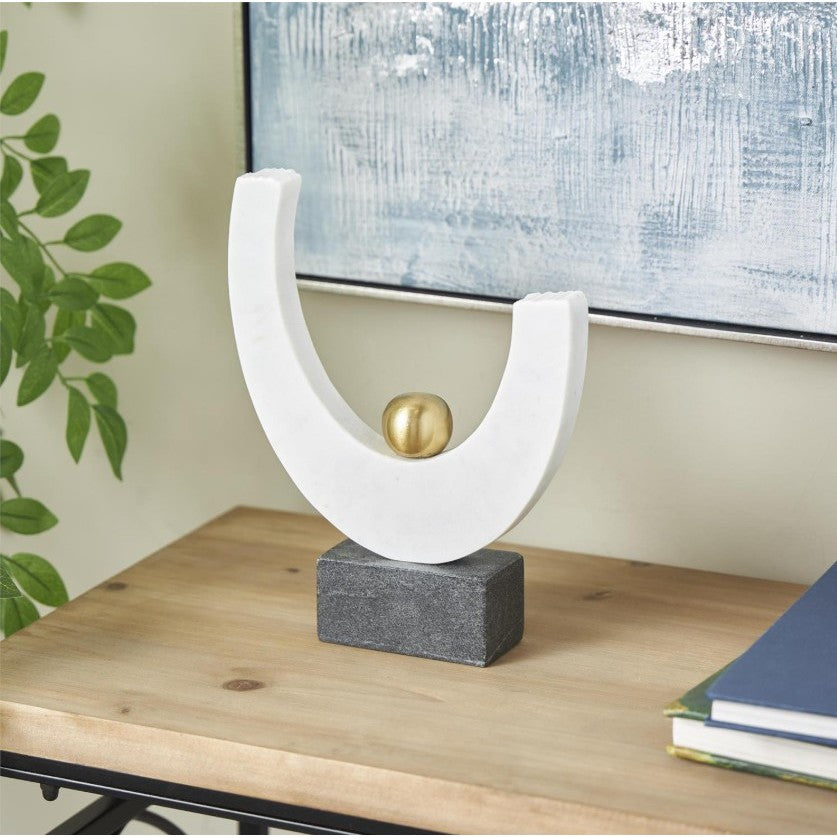 White Marble and Gold Curved Sculpture 8"W x 10"H