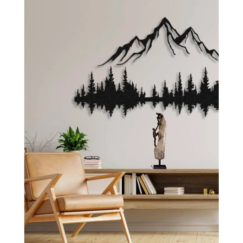 Modern living room with tan chair, wood shelf, and wall art of mountains and trees.