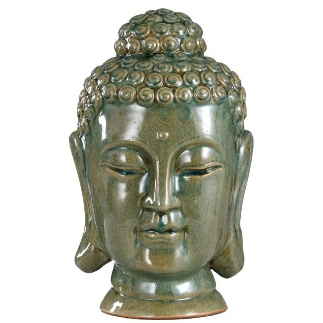 Green and Tan Ceramic Buddha Sculpture 9"W x 14"H