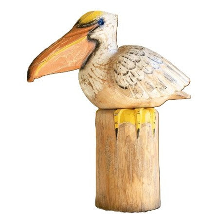 Carved Wood Pelican On A Piling 18"W x 18.5"H