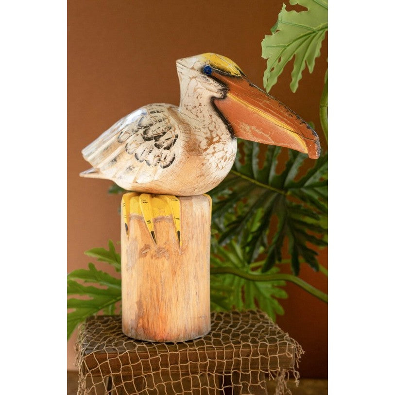 Carved Wood Pelican On A Piling 18"W x 18.5"H