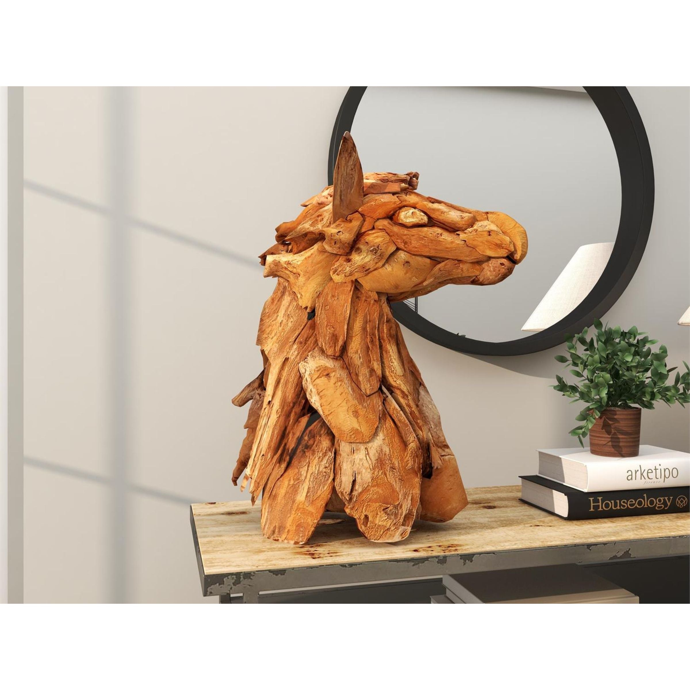 Teak Wood Horse Head Sculpture 10"W x 18"D x 24"H