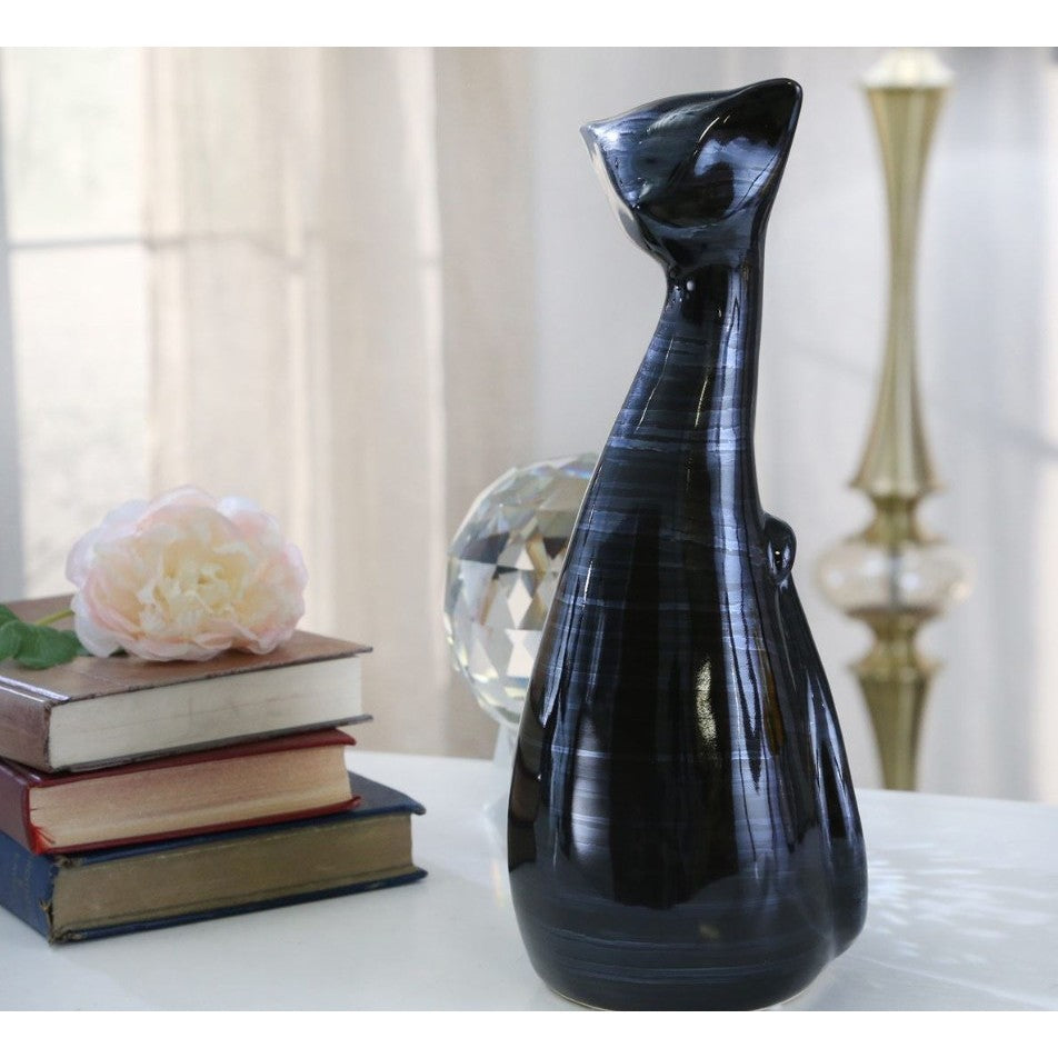 Large Black Ceramic Sitting Cat 5"W x 13"H