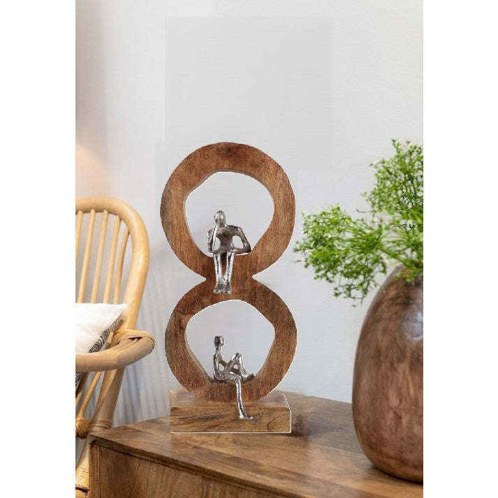 Silver People In 2 Natural Wood Circles Decor 7"W x 17"H