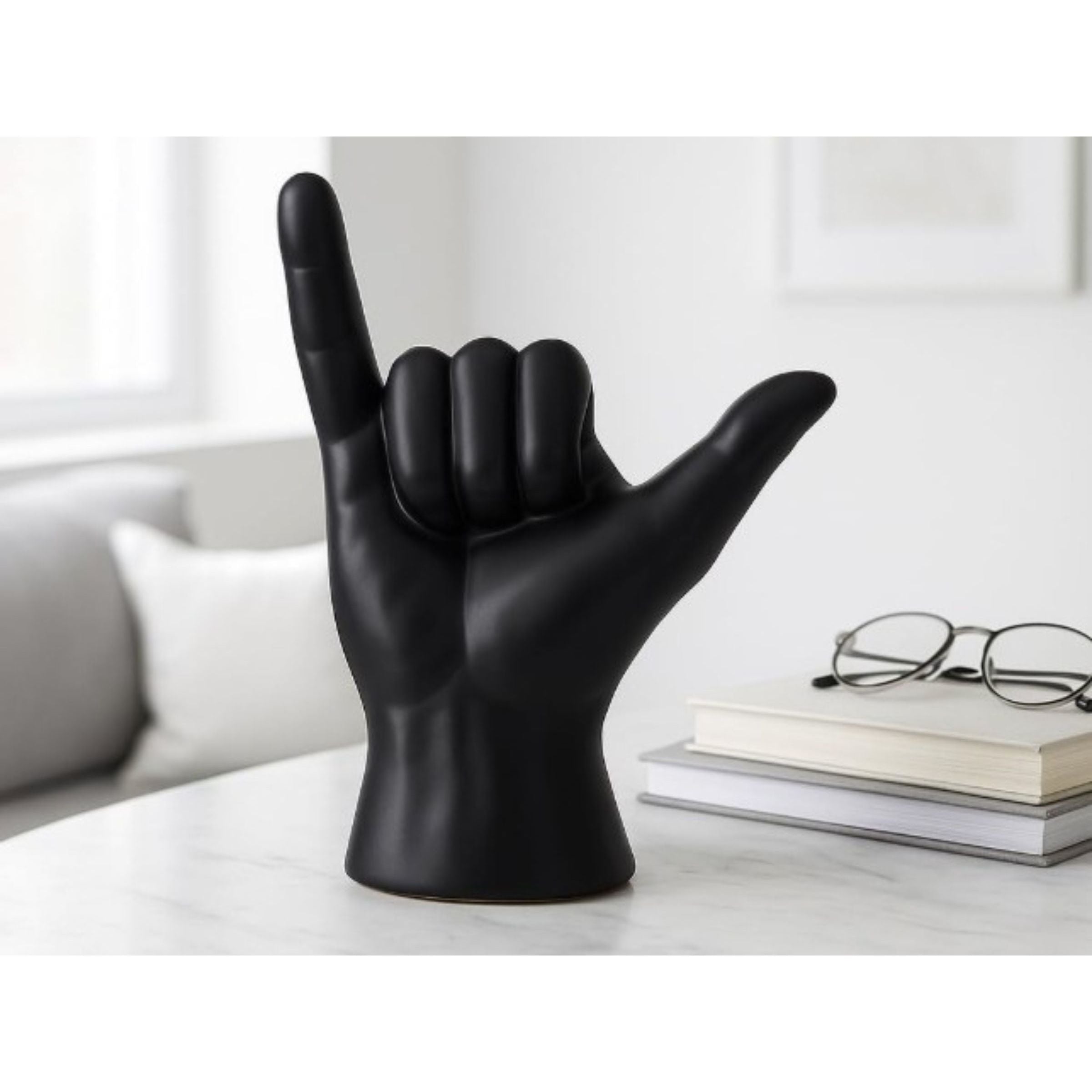 Black Ceramic Hang Loose Hand Sculpture 6"W x 7"H