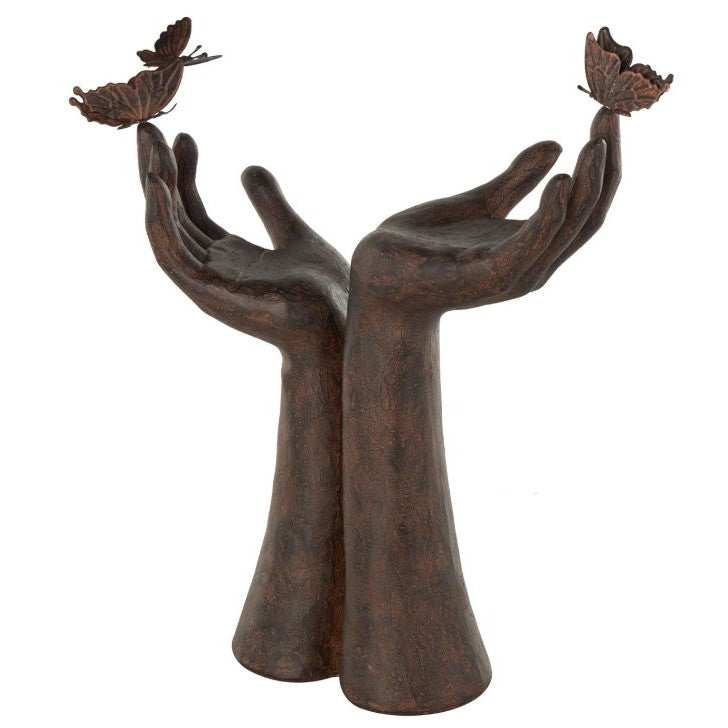 Brown Hands and Butterfly Sculpture 13"W x 14"H