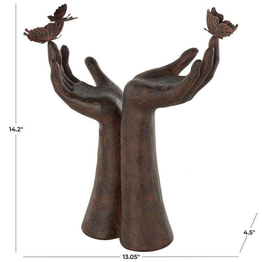 Brown Hands and Butterfly Sculpture 13"W x 14"H