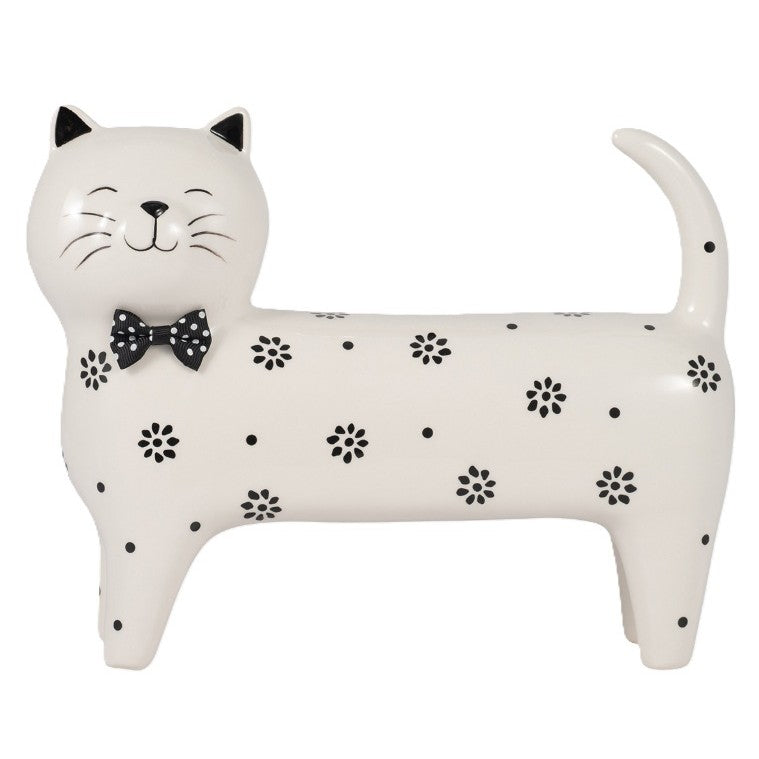 White with Black Daisies Ceramic Cat Figurine 11"W x 8"H