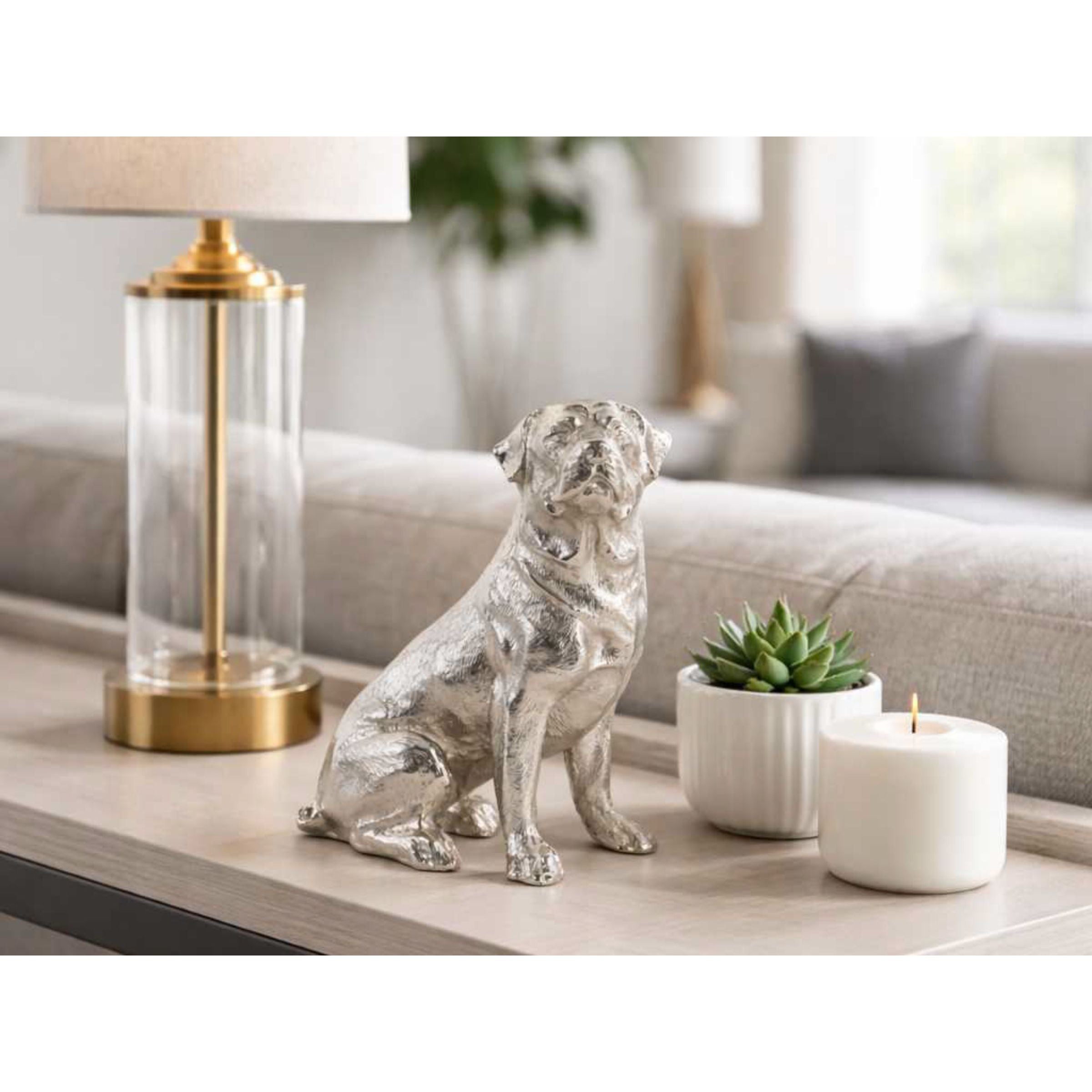 Silver Metal Dog Sculpture 6"W x 7"H