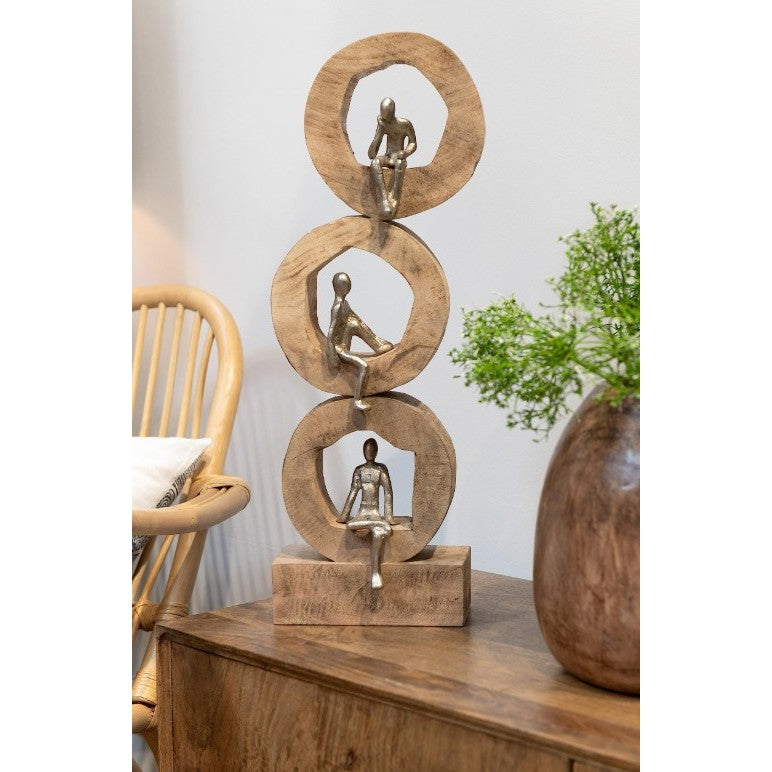 Silver People In 3 Natural Wood Circles Decor 8"W x 22"H