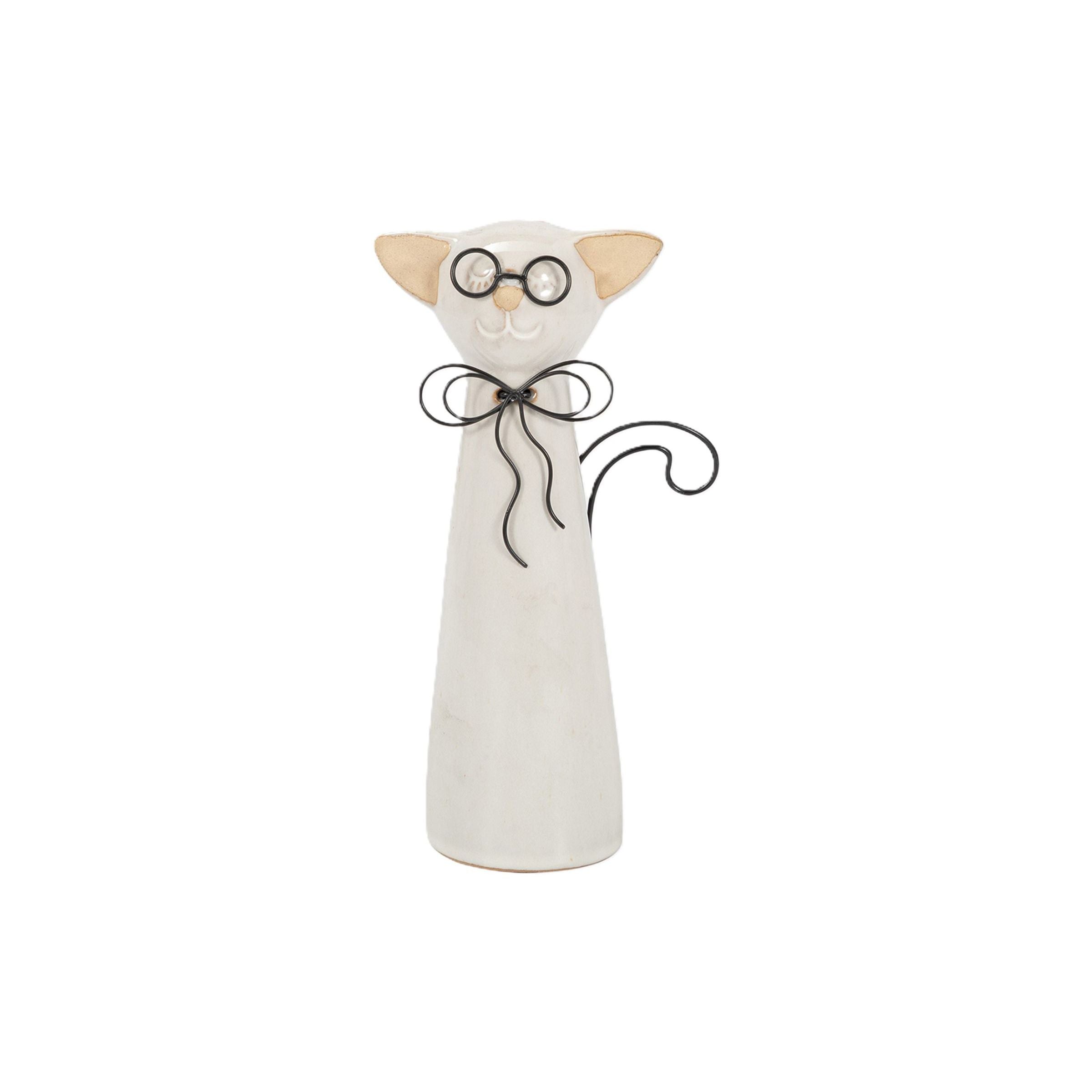 Short Beige Ceramic Cat with Glasses Sculpture 5"W x 8"H