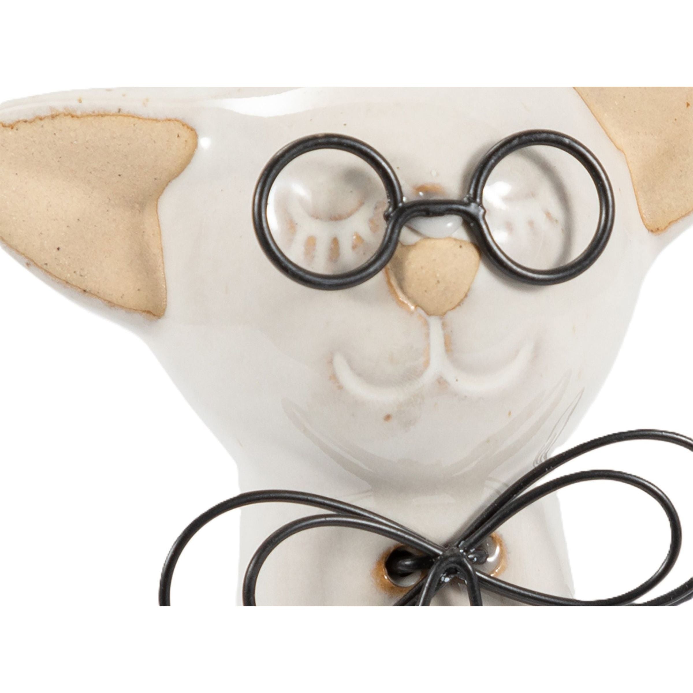 Short Beige Ceramic Cat with Glasses Sculpture 5"W x 8"H