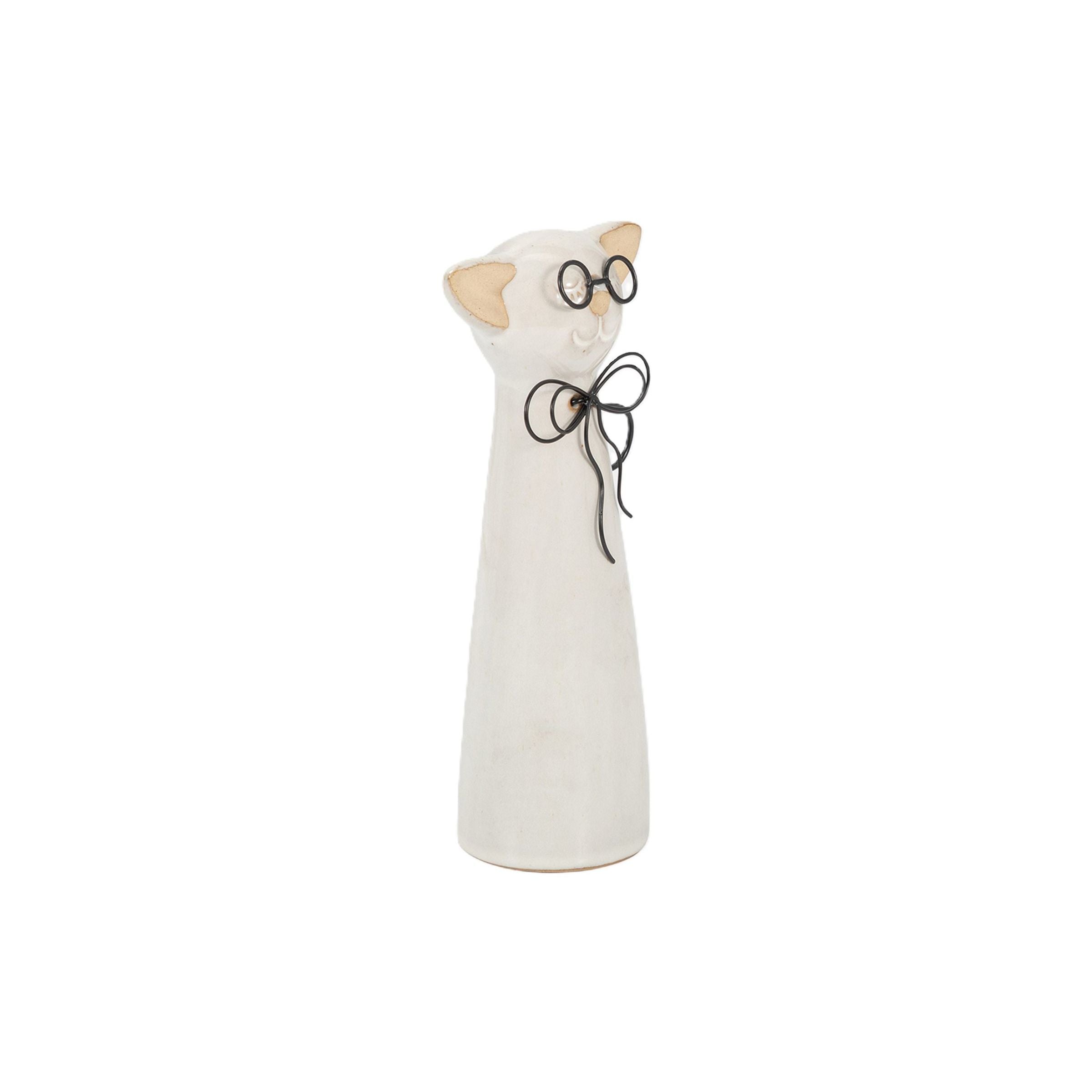 Short Beige Ceramic Cat with Glasses Sculpture 5"W x 8"H