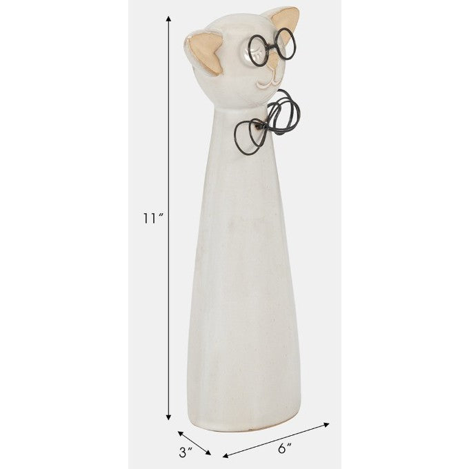 Short Beige Ceramic Cat with Glasses Sculpture 5"W x 8"H