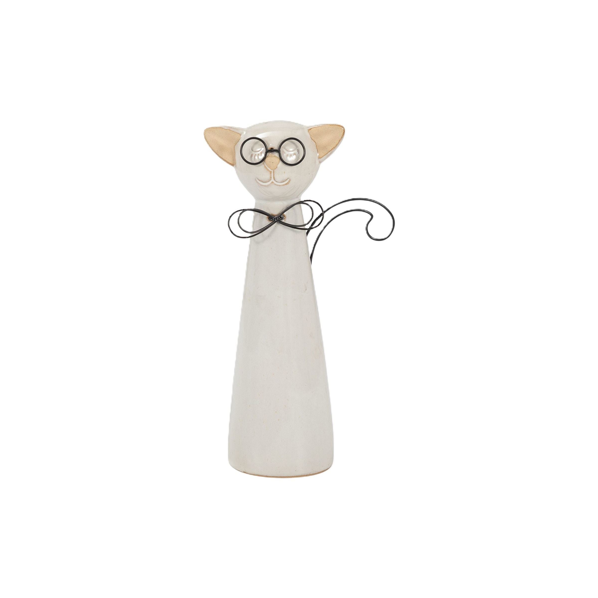 Tall Beige Ceramic Cat with Glasses Sculpture 6"W x 11"H