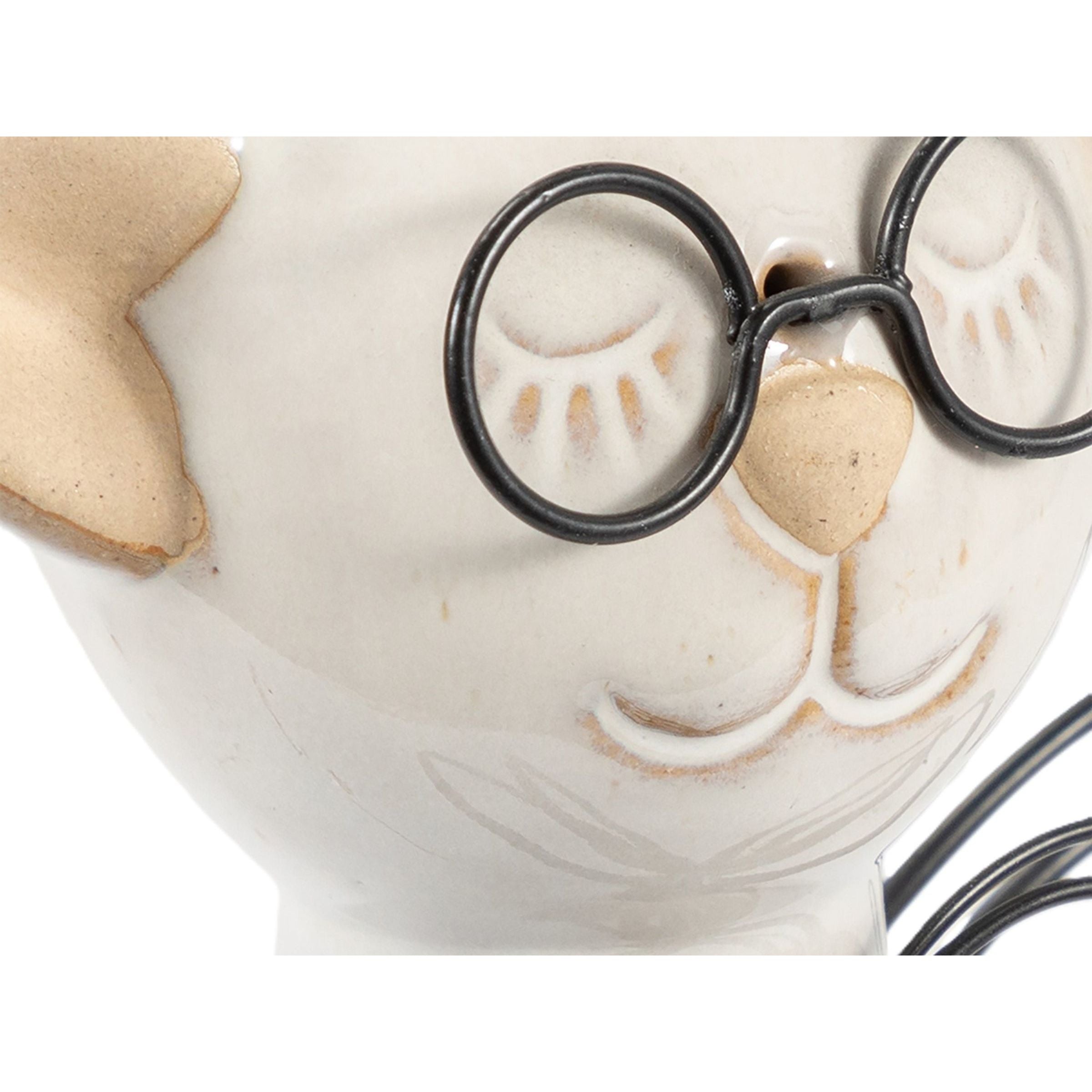 Tall Beige Ceramic Cat with Glasses Sculpture 6"W x 11"H