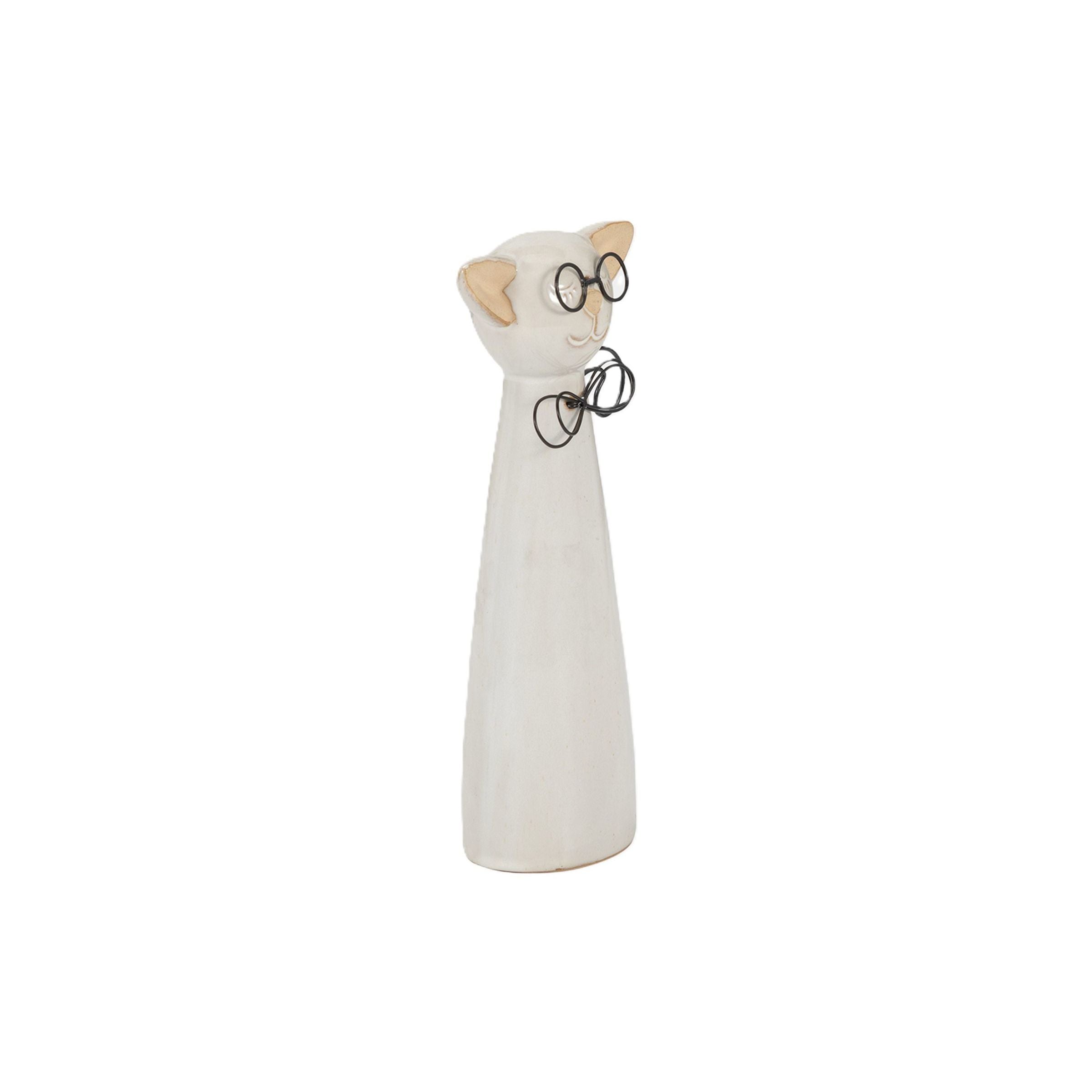 Tall Beige Ceramic Cat with Glasses Sculpture 6"W x 11"H