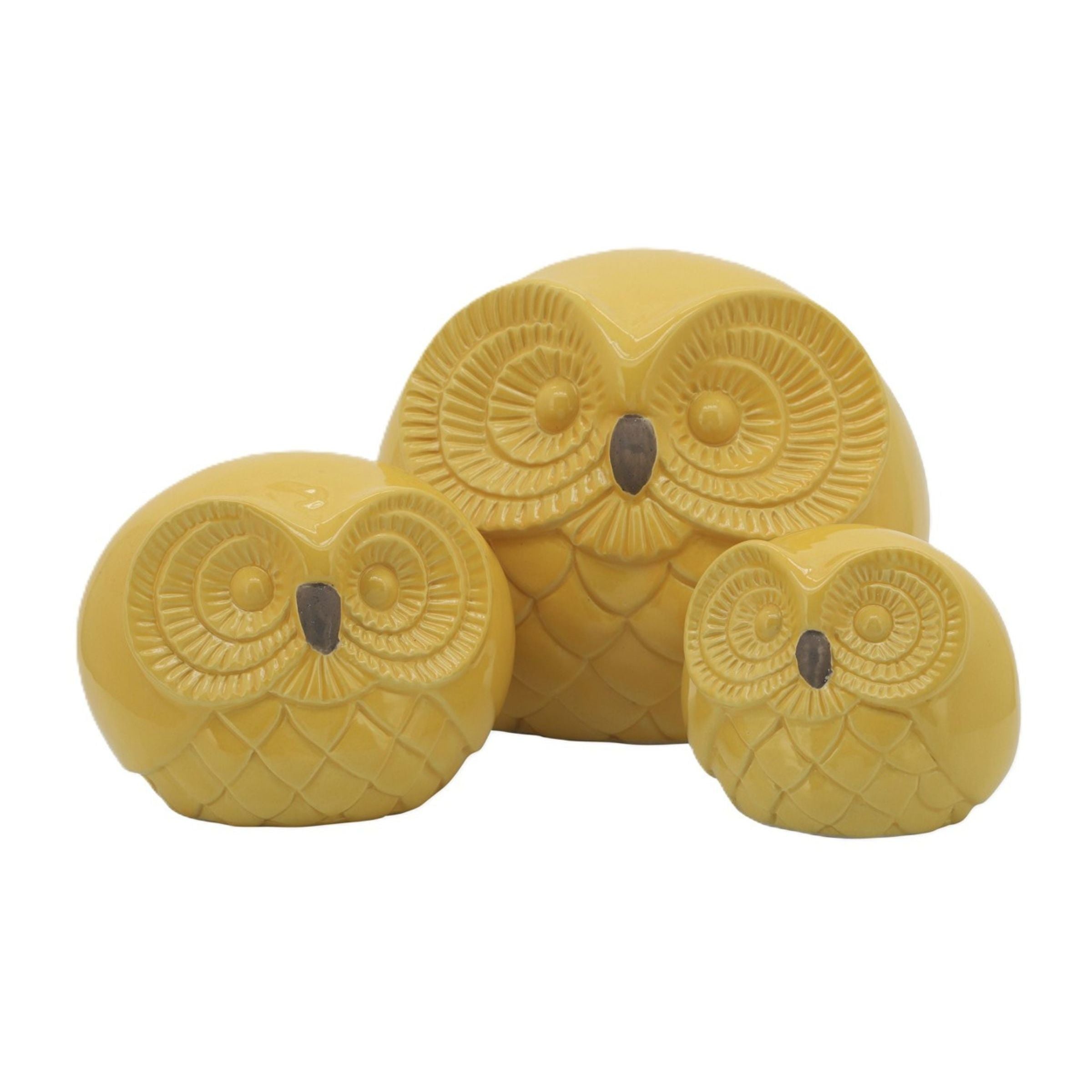 Set of 3 Yellow Ceramic Owl Statues 8"W x 8"H