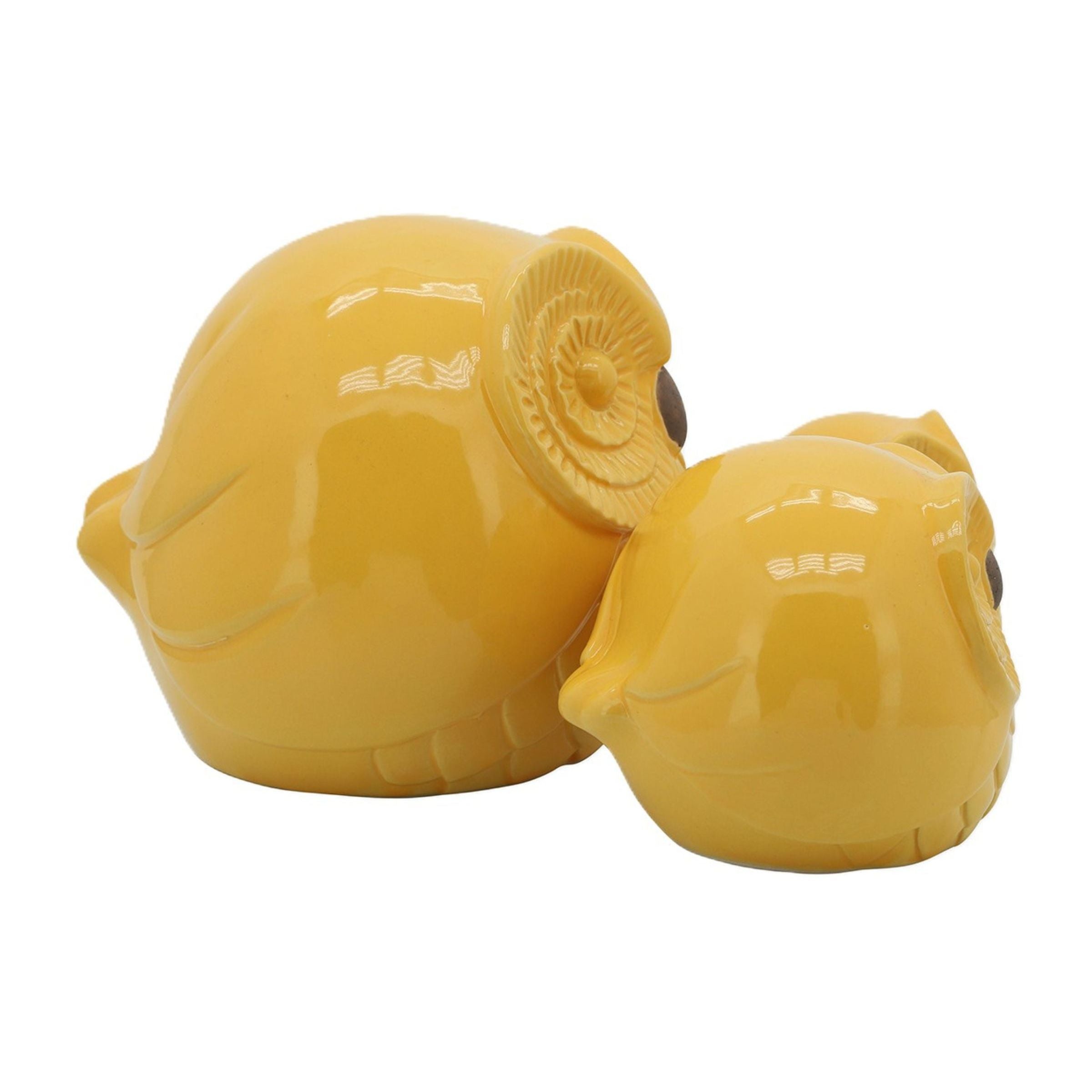 Set of 3 Yellow Ceramic Owl Statues 8"W x 8"H