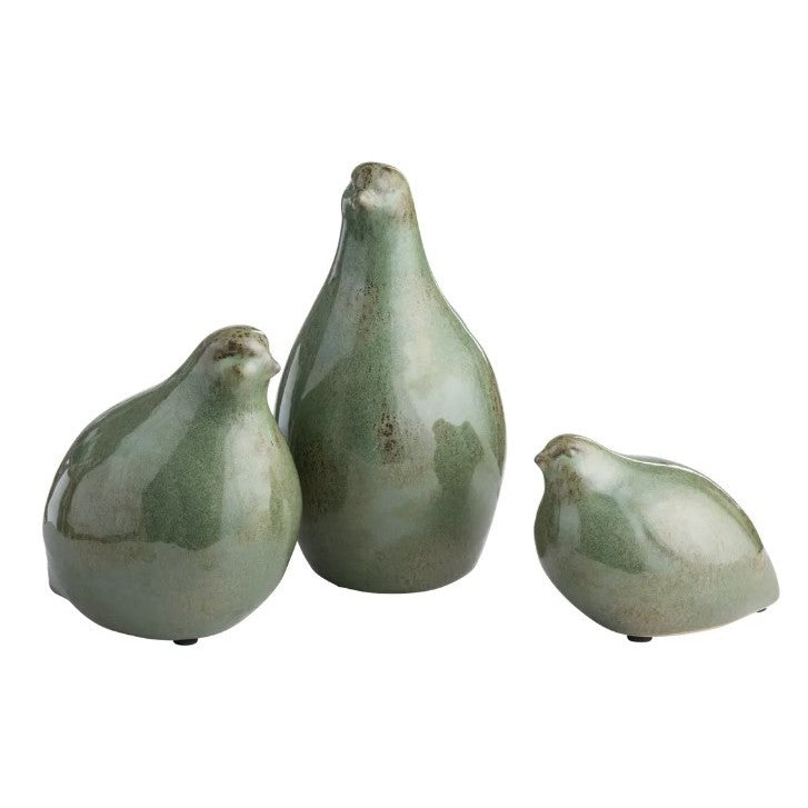 Set of 3 Green Ceramic Partridge Statues 6"W x 9"H
