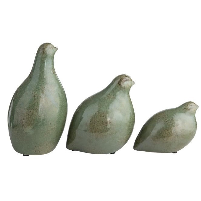 Set of 3 Green Ceramic Partridge Statues 6"W x 9"H