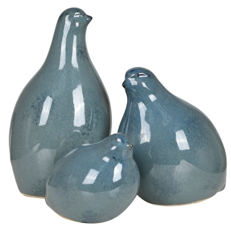 Set of 3 Blue Ceramic Partridge Statues 6"W x 9"H