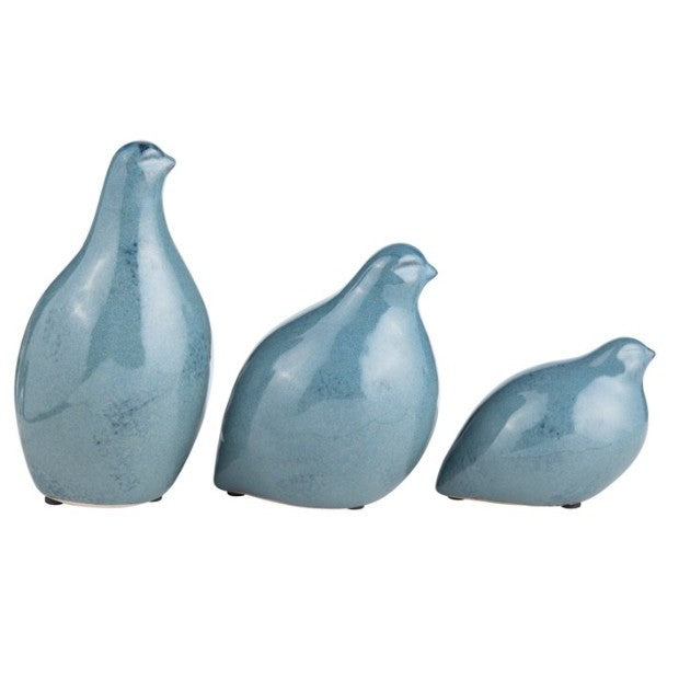 Set of 3 Blue Ceramic Partridge Statues 6"W x 9"H