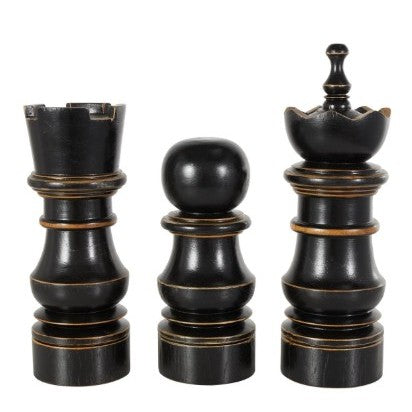 Set of 3 Black Teak Wood Chess Sculptures 14/16/19"H