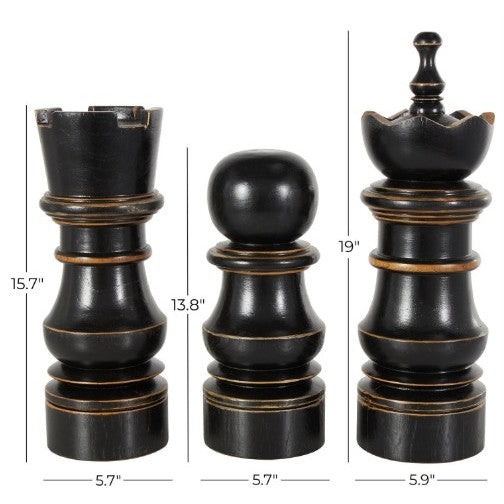 Set of 3 Black Teak Wood Chess Sculptures 14/16/19"H