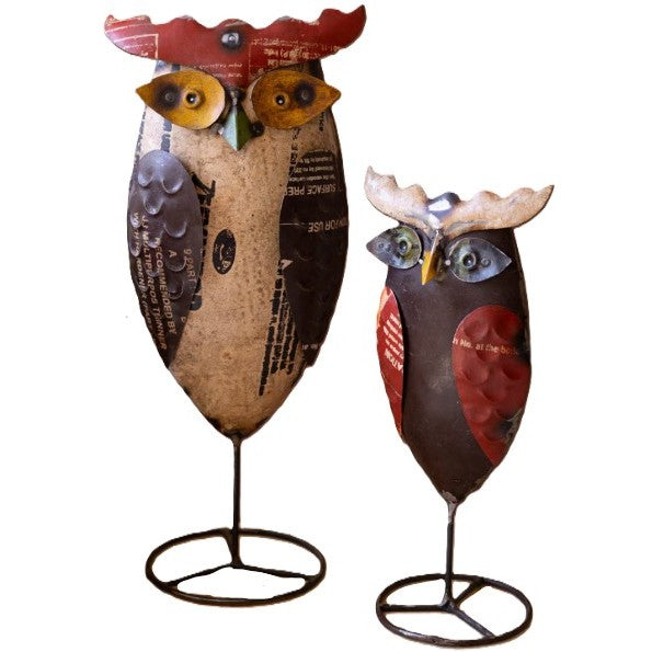 Set of 2 Recycled Metal Owls On Stands 12"/16"H