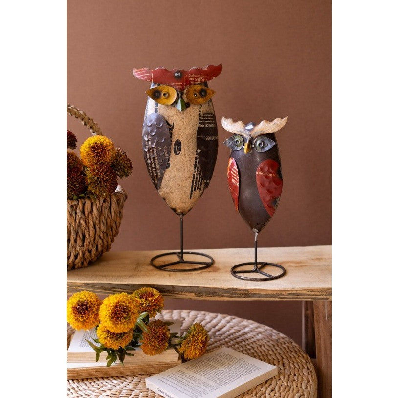Set of 2 Recycled Metal Owls On Stands 12"/16"H