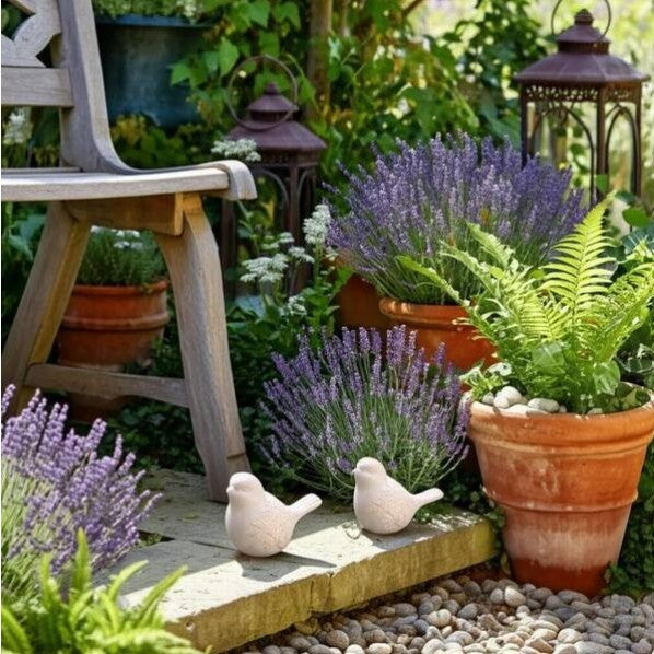 Wooden bench and potted lavender plants in a garden setting with ceramic bird ornaments.