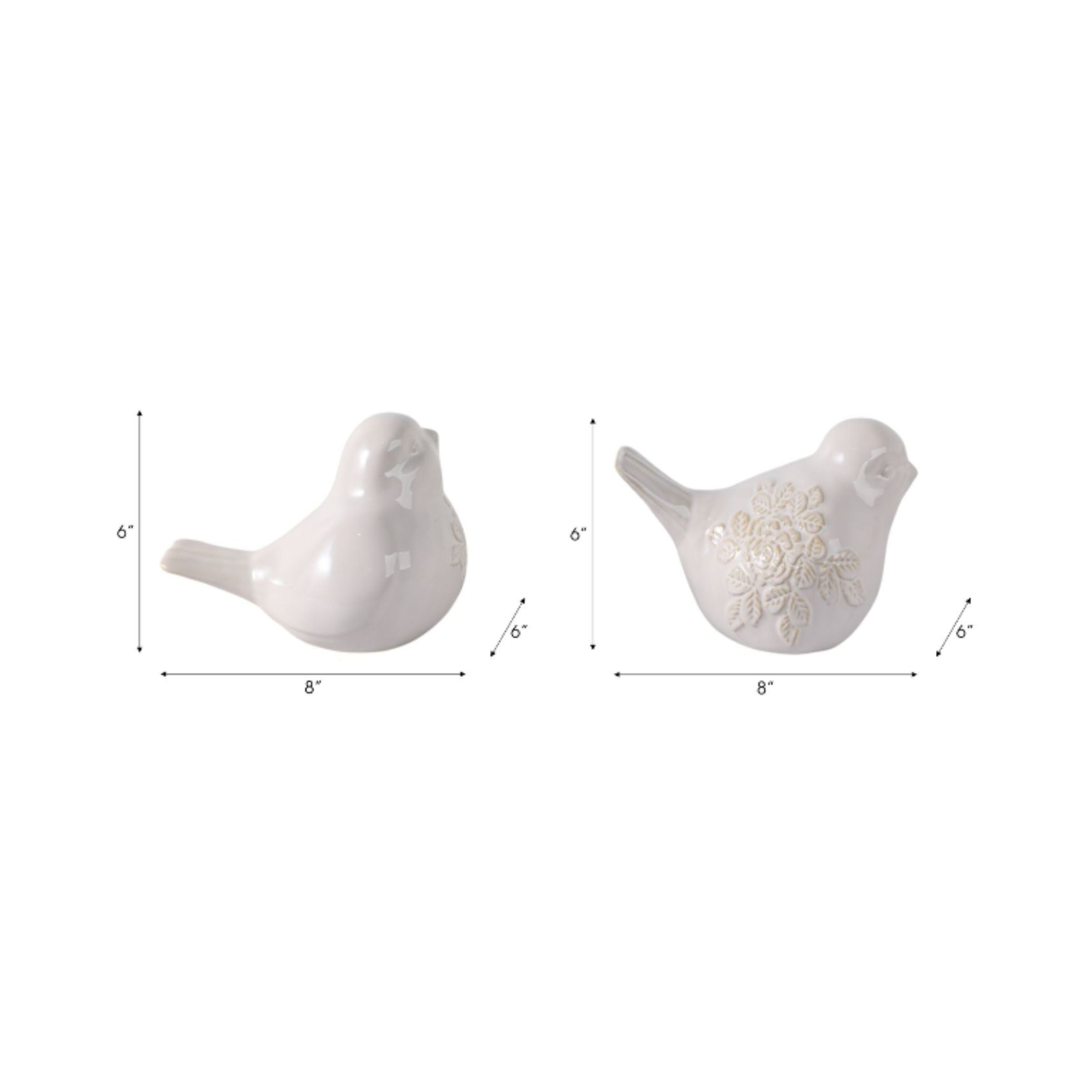 Two white ceramic bird figurines with floral details, each measuring 6 inches tall by 8 inches wide.