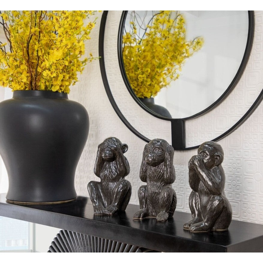 Set of 3 Black Ceramic "Hear, Speak, See" Monkeys 6.5"W x 12"H