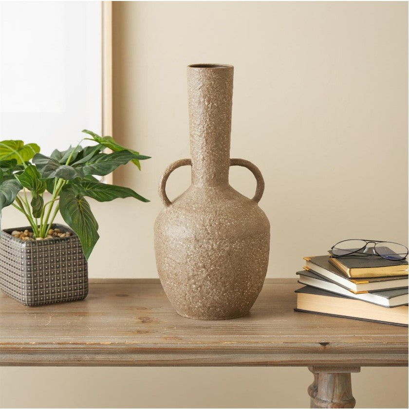 Tall Antique Brown Iron Handled Vase 8"W x 17"H