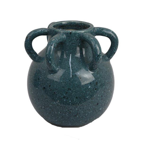 Small Teal Ceramic Vase With Handles 7"W x 8"H