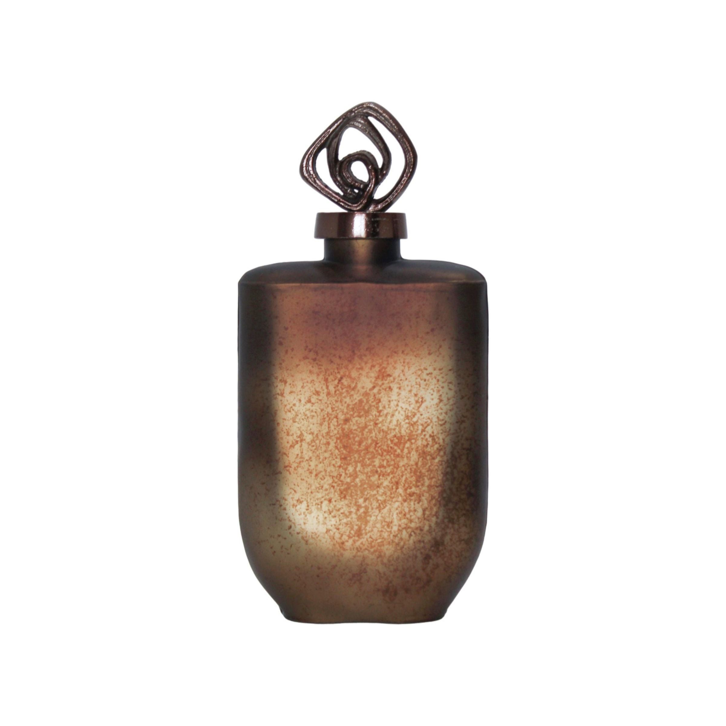 Bronze decorative jar with a geometric lid, modern metallic finish.
