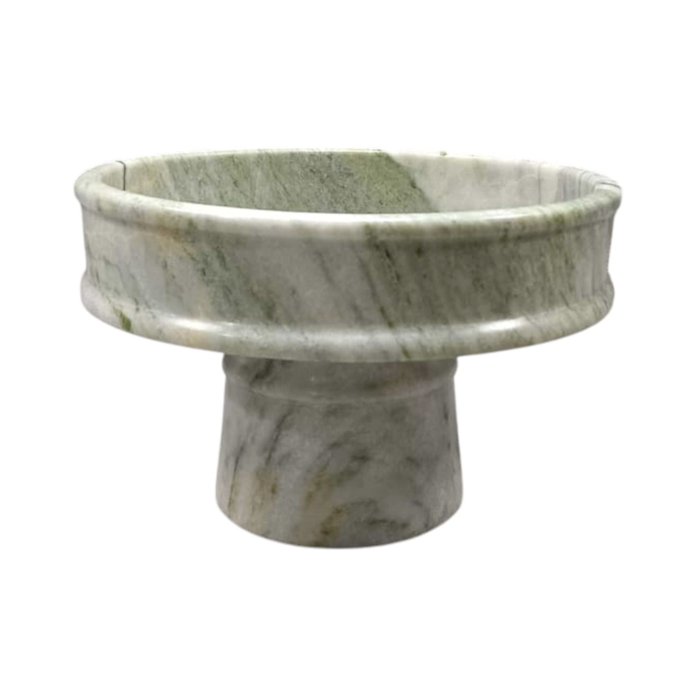 Round green marble pedestal bowl on a short cylindrical base.