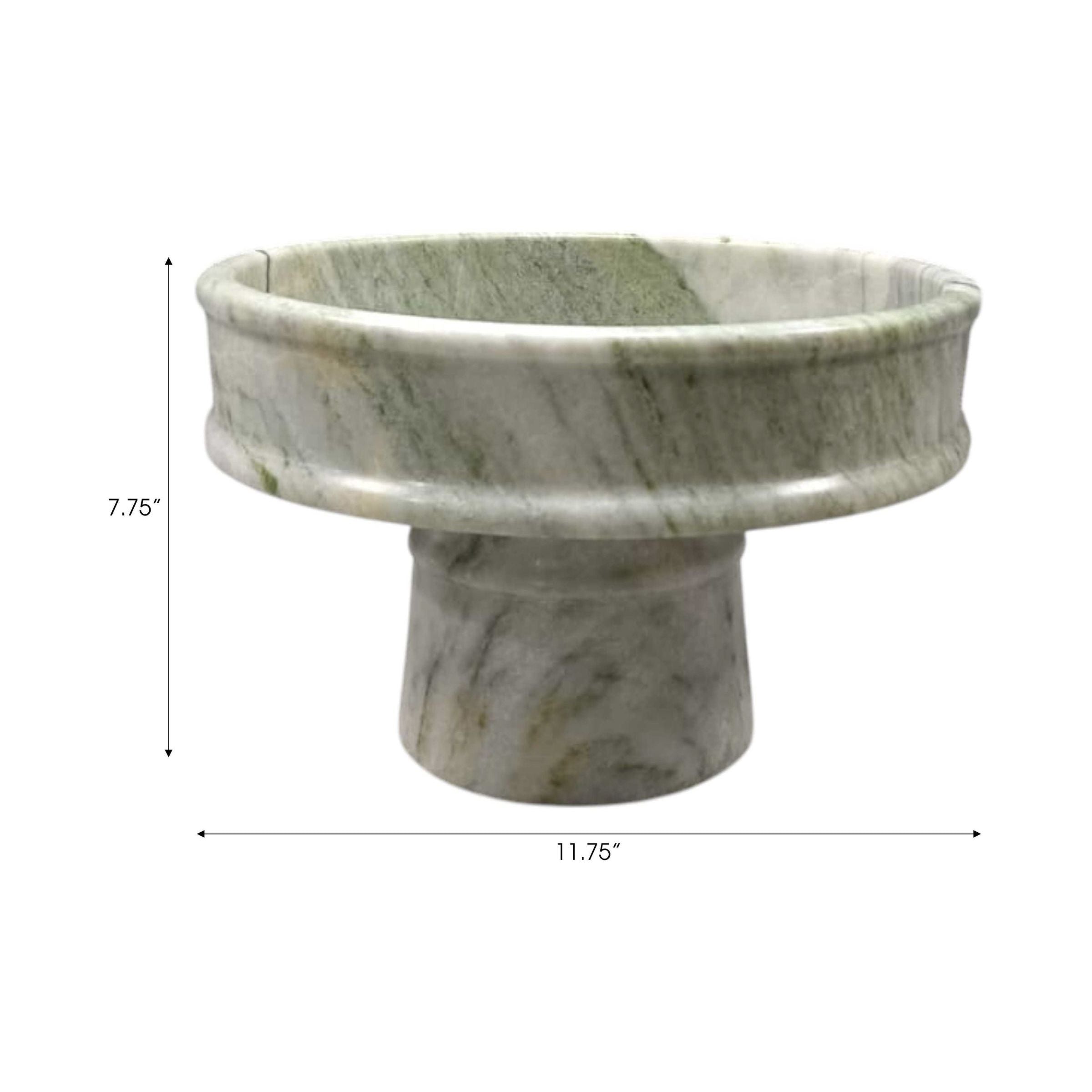 Round marble pedestal bowl, 7.75 inches tall by 11.75 inches wide.