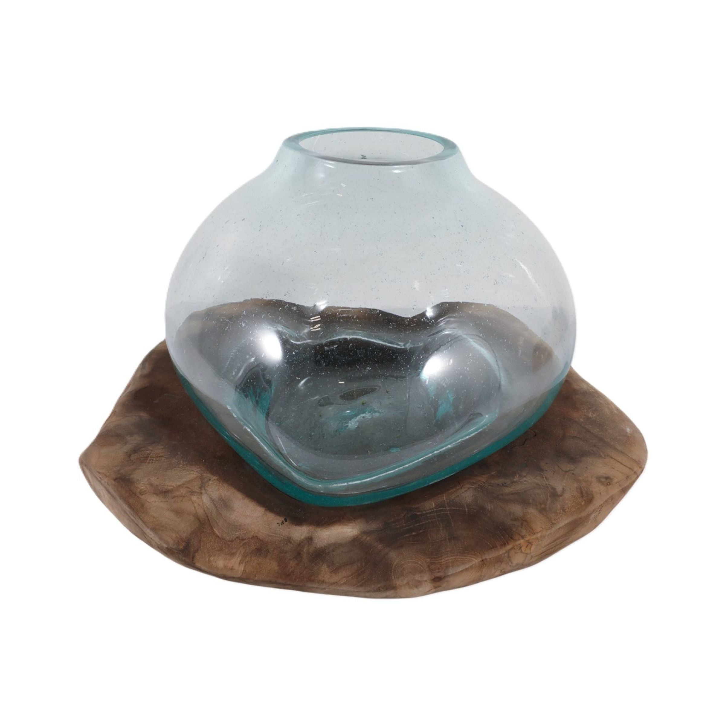 Glass and Teak Wood Vase 20"W x 12"H