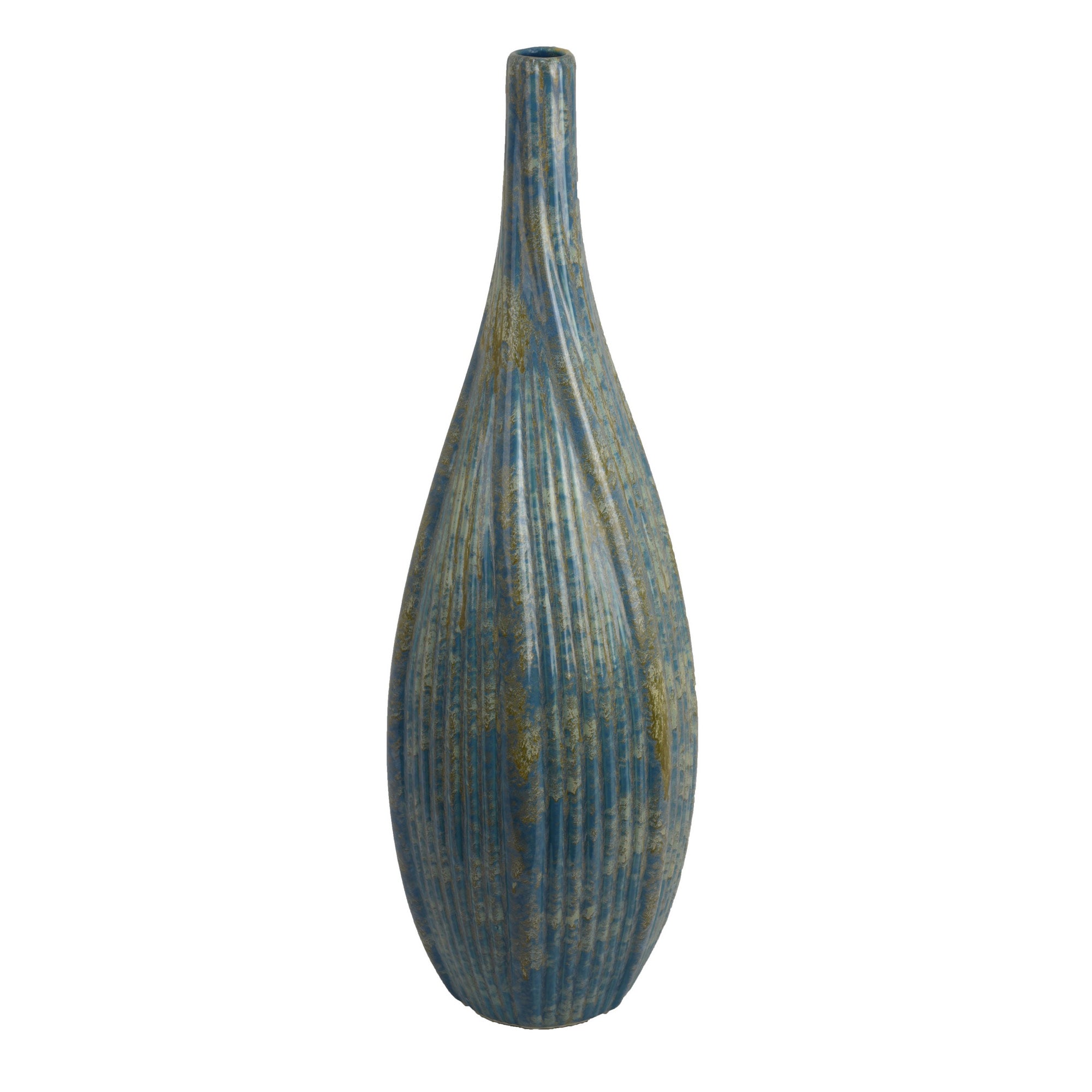 Large Blue and Tan Ribbed Ceramic Vase 7"W x 20"H