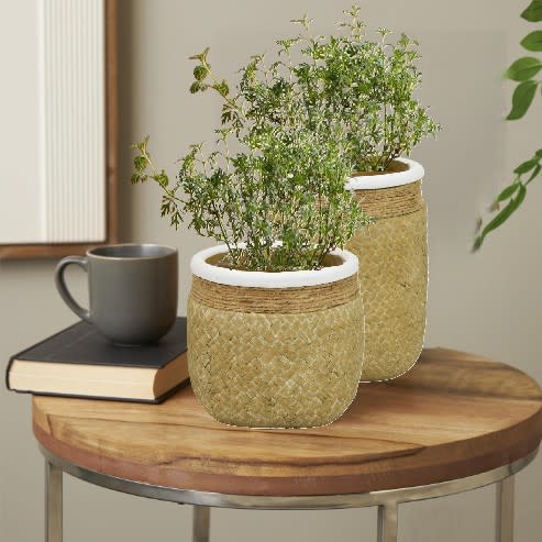 Short Tan Woven Ceramic Vase 6.5"W x 5"H
