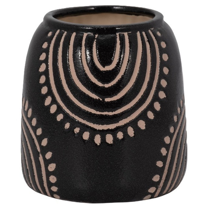 Short Black and Tan Tribal Ceramic Vase 6"W x 6"H