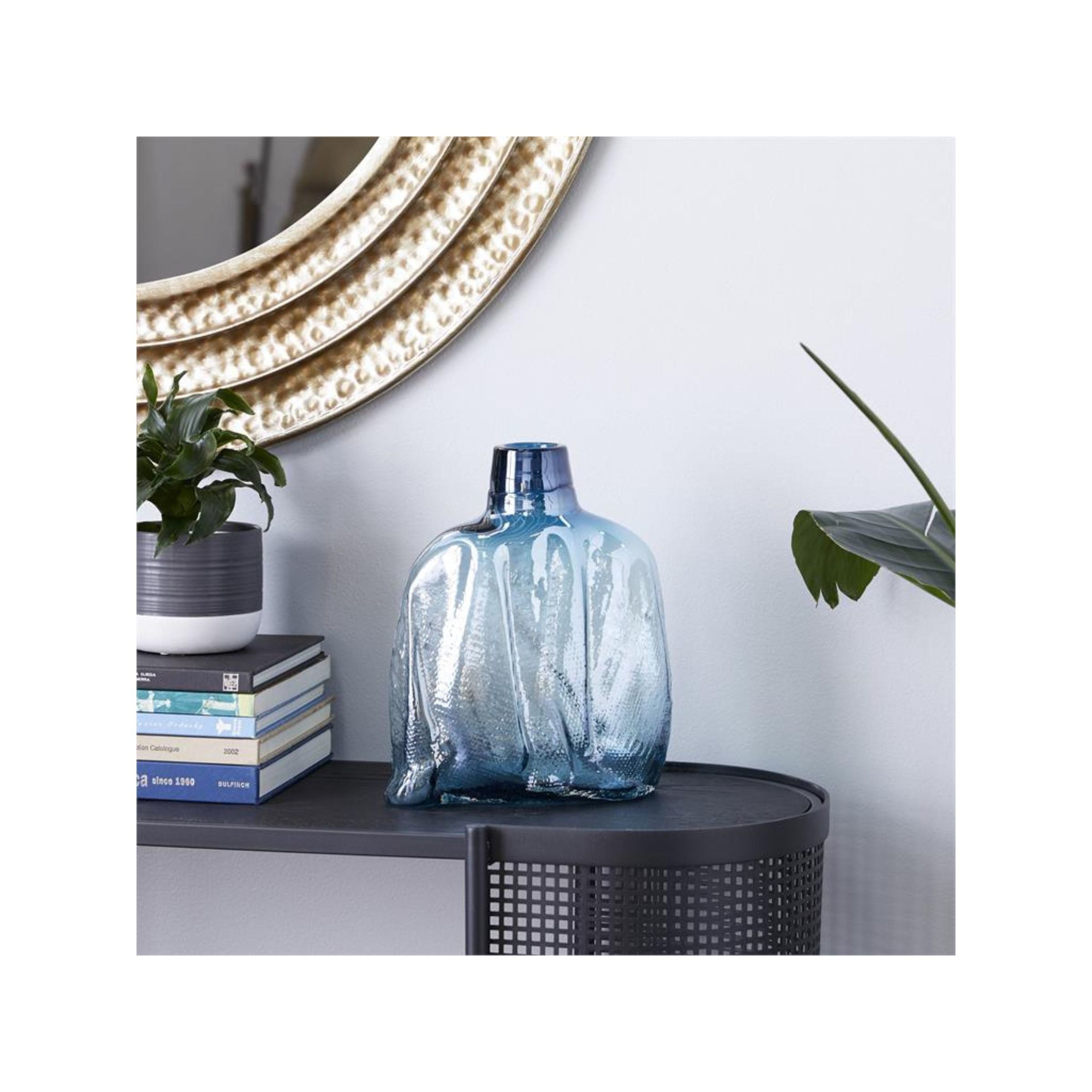 Short Blue Glass Vase 10"W x 12"H